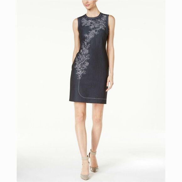 New! CALVIN KLEIN Women's Floral Embroidered Denim Sheath Dress Size 2 - Picture 1 of 6